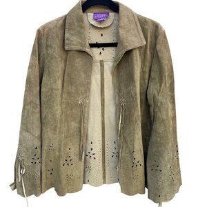 Suzanne Somers Vintage Suede Tan Open Front Boho Jacket Tassels M Festival Artsy